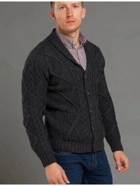 NWOT  Aran Crafts Men’s Shawl Charcoal Cardigan 100% Merino Wool L